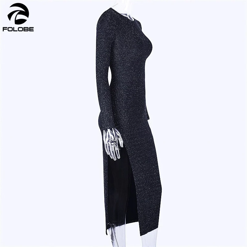 

FOLOBE O-neck high waist split sexy party dress winter fashion long sleeve reflective club slim streetwear solid club dresses