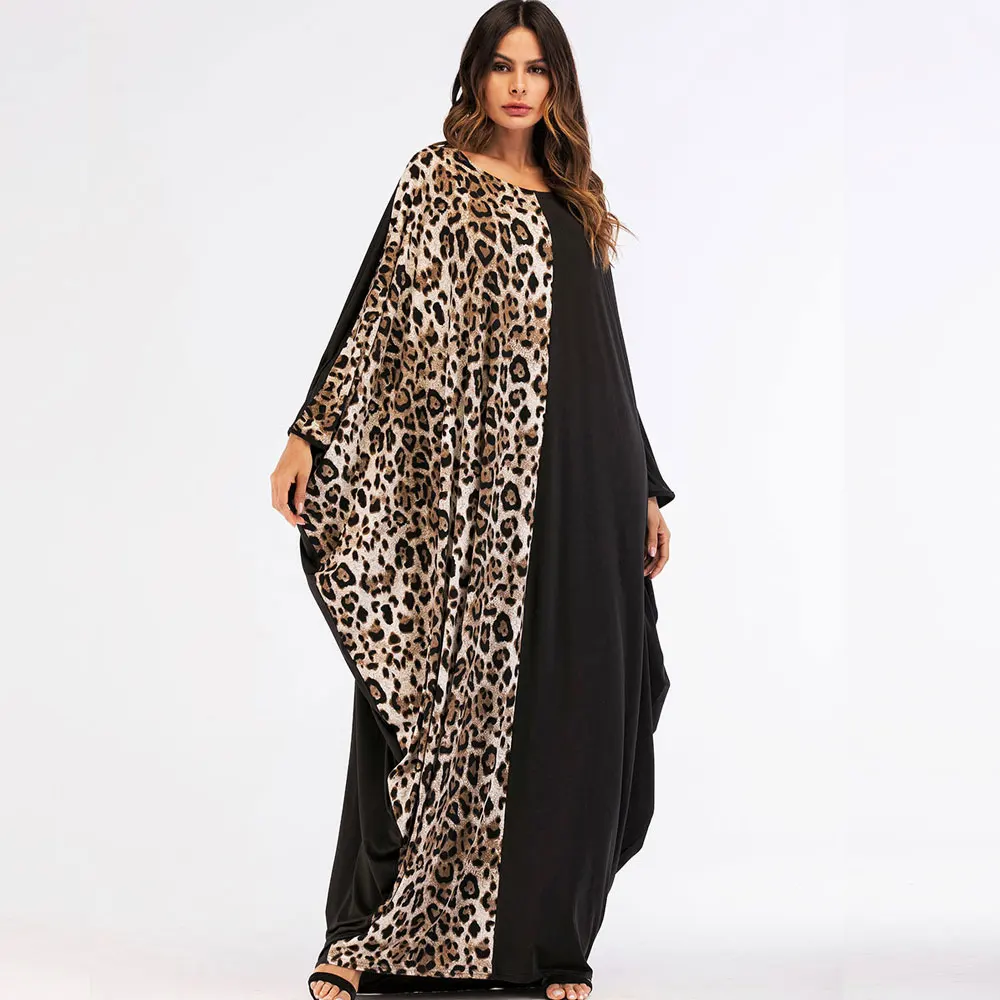 Casual Print Leopard Maxi Dress Bat Sleeve Patchwork Abaya Muslim Loose Kimono Long Arab Robe Gown Middle East Islamic Clothing |