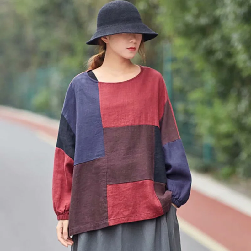 SCUWLINEN 2019 Для женщин Демисезонный Повседневное Топы Винтаж плед лоскутное