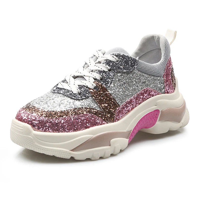 Блестящая повседневная обувь 2019 года женские кроссовки на платформе модные