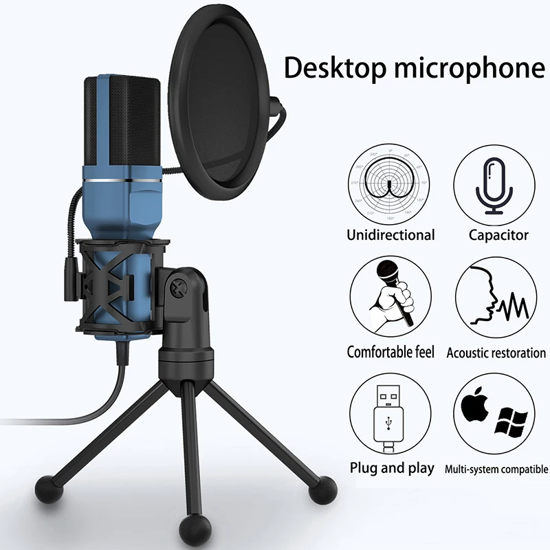 FELYBY USB микрофон с подставкой и поп-фильтр двухслойный подвесной Штатив для ПК или Mac YouTube видео запись