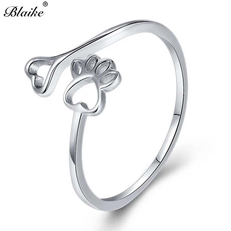 Blaike 925 Sterling Silver Ring Cat Bear Dog Paw Rings For Women Minimalist Cute Animal Claws Heart Thin Ring Fine Jewelry - Цвет камня: Silver Ring
