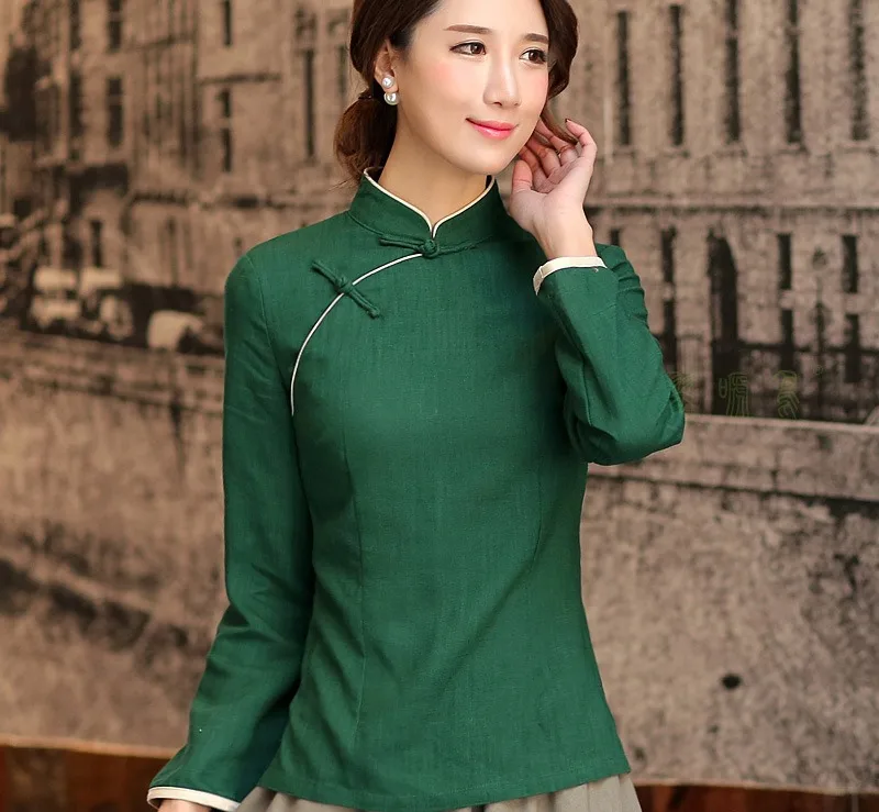 Shanghai Story Mandarin Collar Woman's Shirt chinese traditional top Long Sleeve cheongsam top traditional Chinese Linen blouse