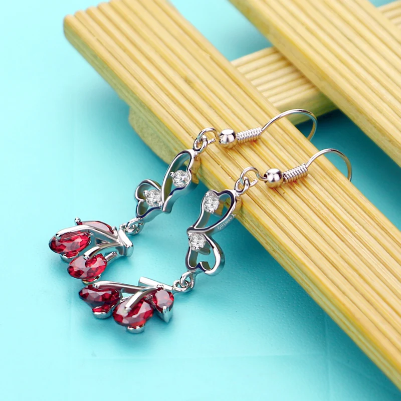 Женские серьги подвески из серебра 925 пробы с красным кристаллом|garnet earrings|garnet drop