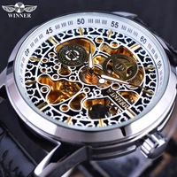 wiinner chinese style golden skeleton inside silver case black leather strap luxury brand watches men automatic mechanical watch