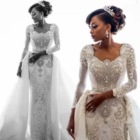 african lace mermaid wedding dress 2020 long sleeves scoop neck beaded crystals over skirts court train wedding bridal gown