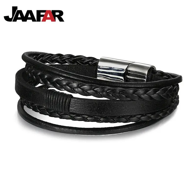 Новые модные Многослойные мужские браслеты из натуральной кожи с цепочкой