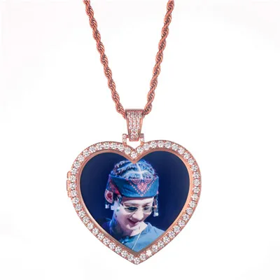 Rose Gold Пользовательские bling Сердце фото медальоны ожерелье и кулон медь с теннисная Цепочка Золото кубический циркон мужские хип хоп ювелирные изделия - Окраска металла: Rose Gold