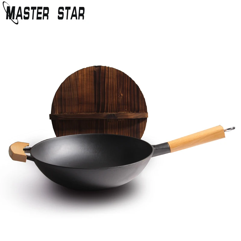 Чугунный вок Master Star китайский традиционный без покрытия с деревянной крышкой
