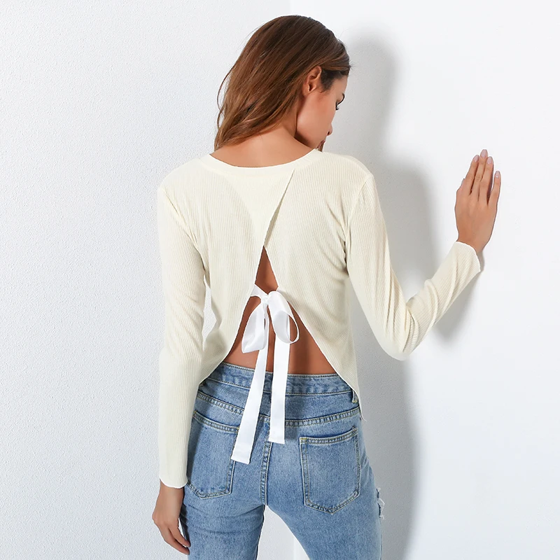 Для женщин футболка лук шнуровкой обратно менее Разделение с длинными рукавами