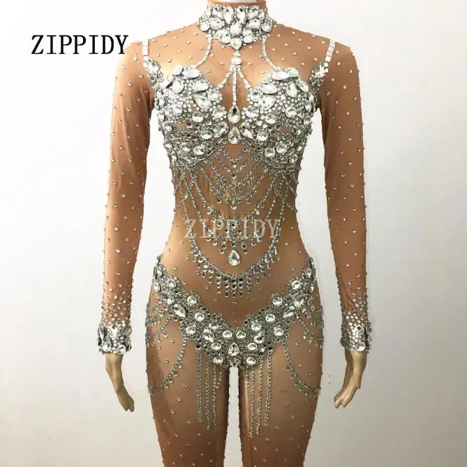 Fashion sexy Sparkly Crystals Jumpsuit Costume Rompers Women Outfit Diamonds Bodysuit Party Celebrate Occasion Wear