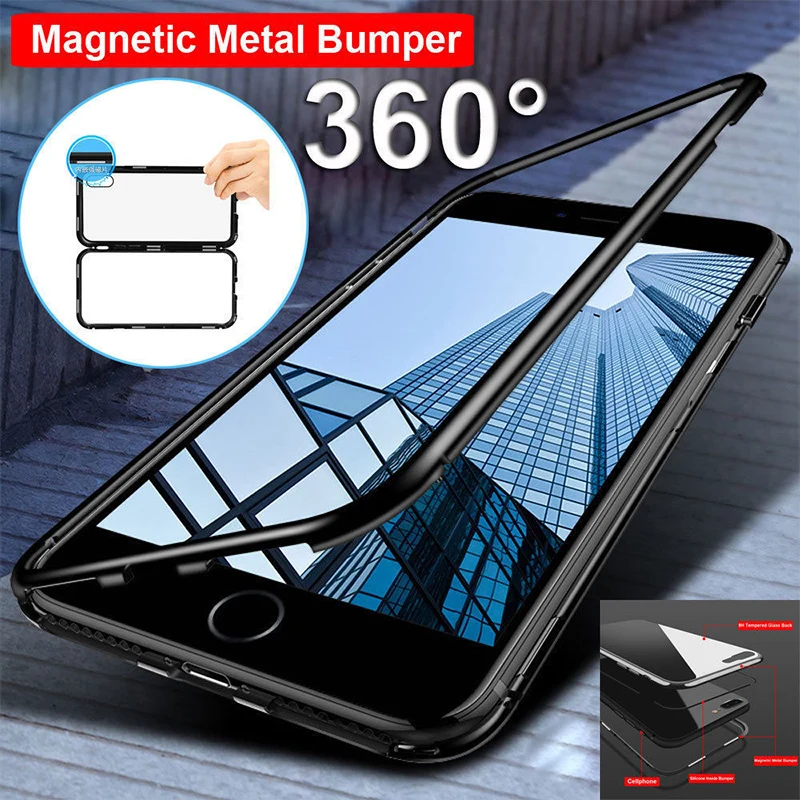 Voguery Magnetic Adsorption Metal Case for iPhone X 8 7 6 6s Plus Magneto Cover Full Body Clear Back Tempered Glass Frame | Мобильные