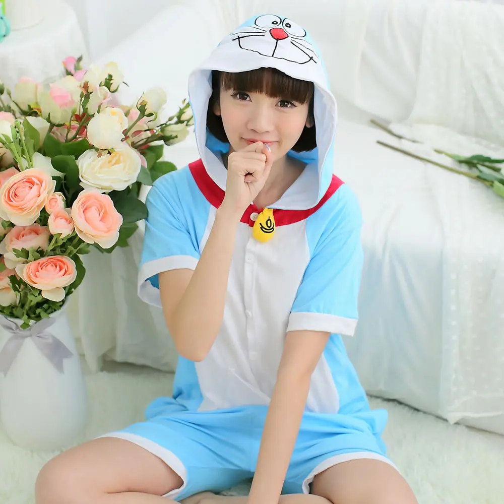 Синий Doraemon летний костюм комбинезон толстовка с коротким рукавом для взрослых