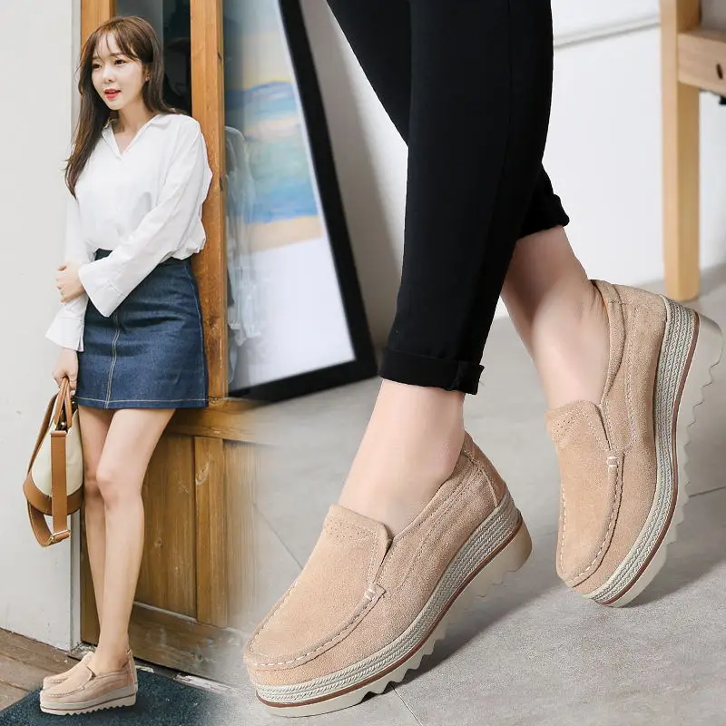 

LAISUMK 2020 Autumn Women Flats Shoes Thick Soled Platform Shoes Leather Suede Casual Shoes Slip On Flats Creepers Moccasins