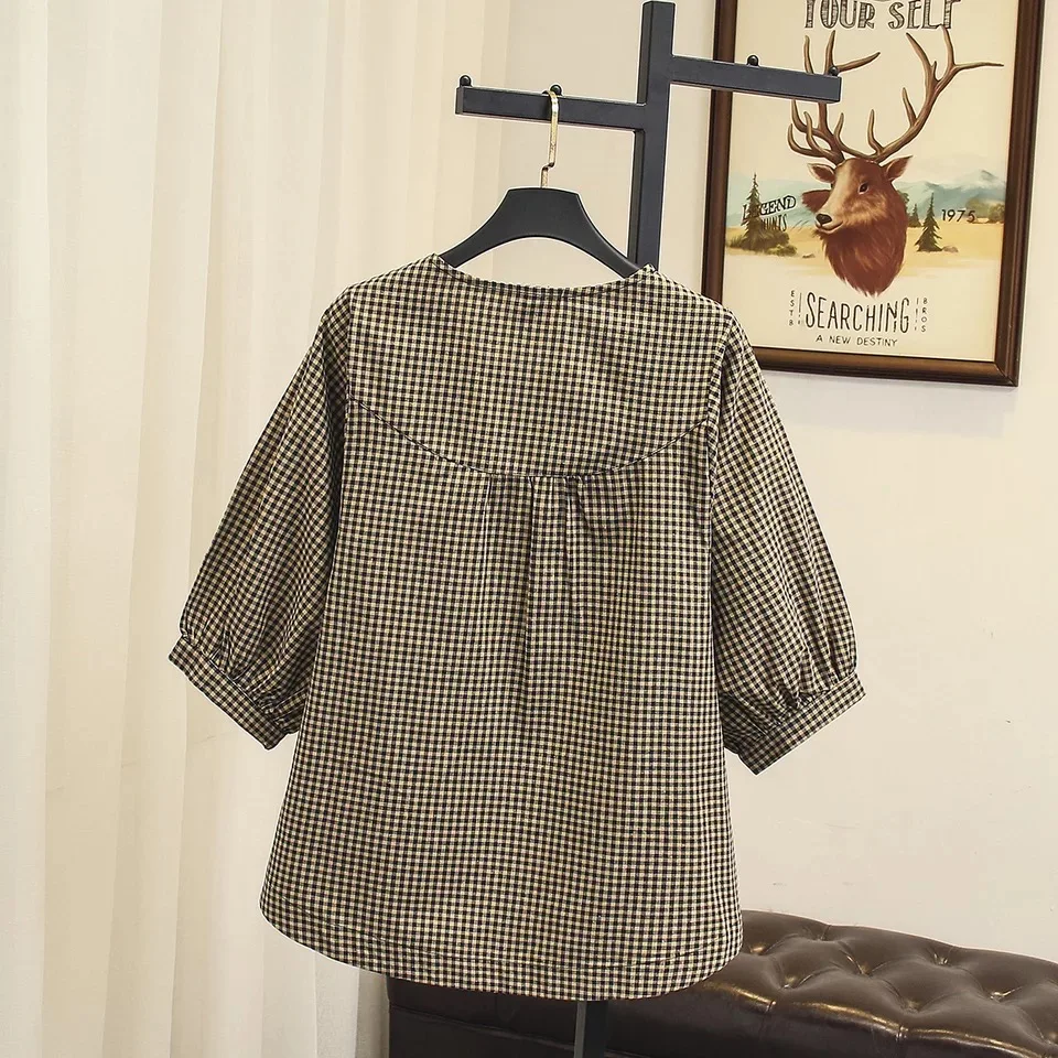 Ubetoku 2018Women's Autumn Cotton Linen Blouse Shirt Sweet Lantern Sleeve Plaid Tops Plus Size Women Clothing(T150) |