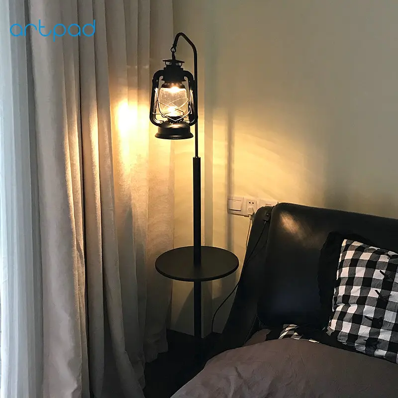 

American Black LED Floor Stand Light Lamp Modern with Wood Shelf Base Living Room Dining Room Bedside Kerosene Stand Floor Lamp