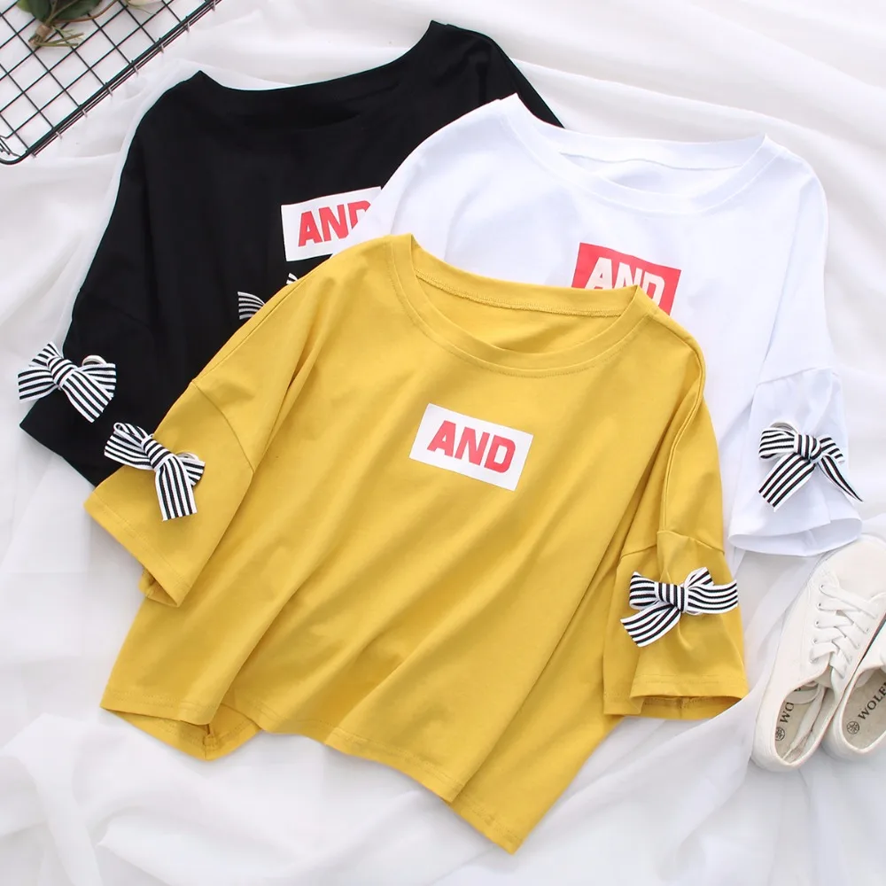 Gkfntm галстук-бабочка Разделение Back Crop Top ремень милый футболка 2018 Для женщин