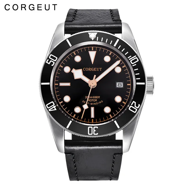 Автоматические Мужские часы Corgeut Military Schwarz Bay наручные часы кожаные lume водонепроницаемые спортивные мужские часы для плавания Relogio Masculino - Цвет: black bezel