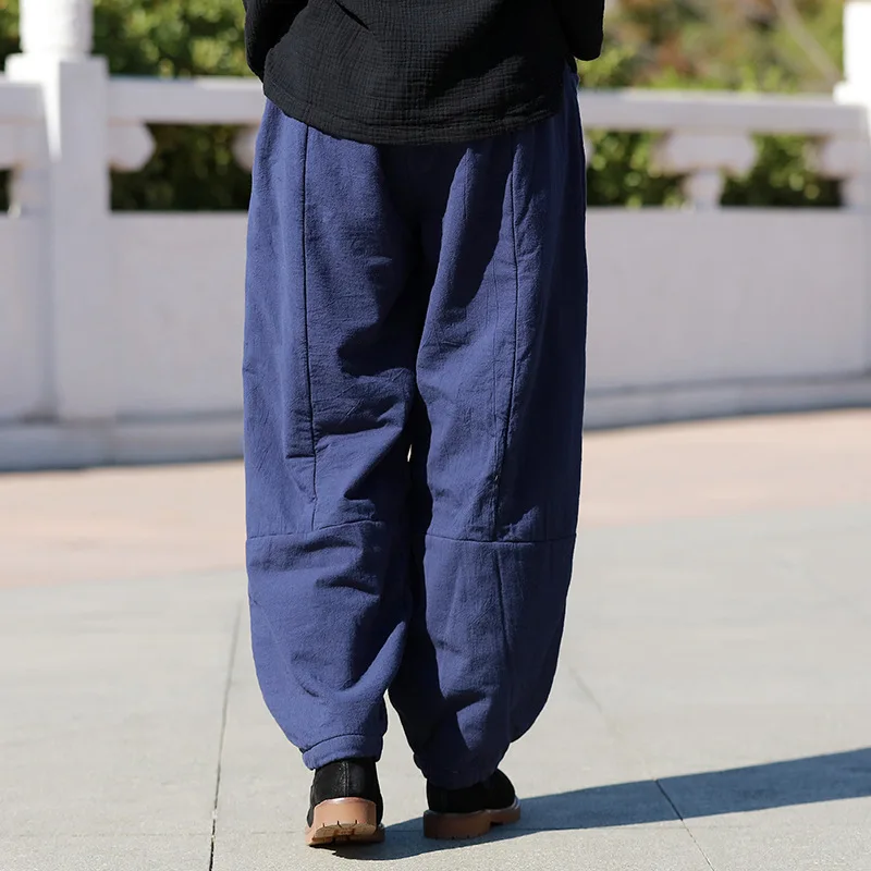 New women big size ramie trousers winter cotton linen wide pants cotton padded warm bottom top quality clothes for women