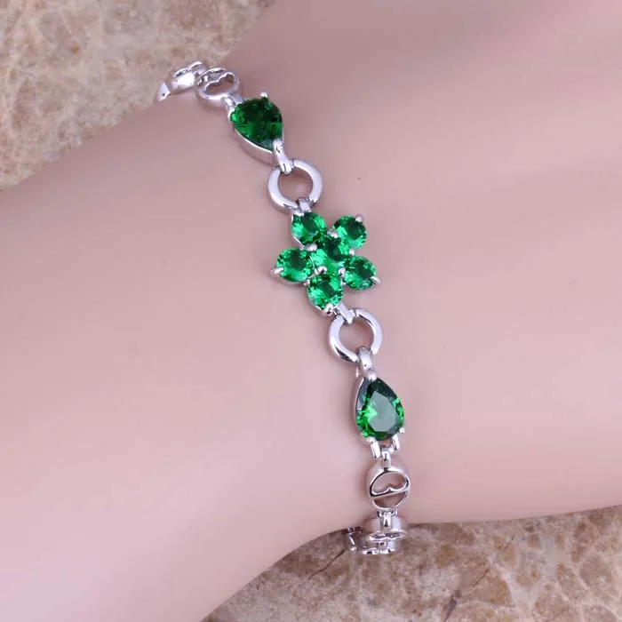 Поглощающий зеленый фианит Посеребренная звеньевая цепь цветок браслет 6 5 7