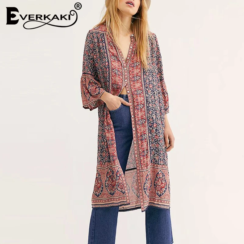 Everkaki Boho длинное платье с цветочным принтом для женщин Цыганское Платье с круглым вырезом и пуговицами богемное женское платье свободное пляжное женское лето осень