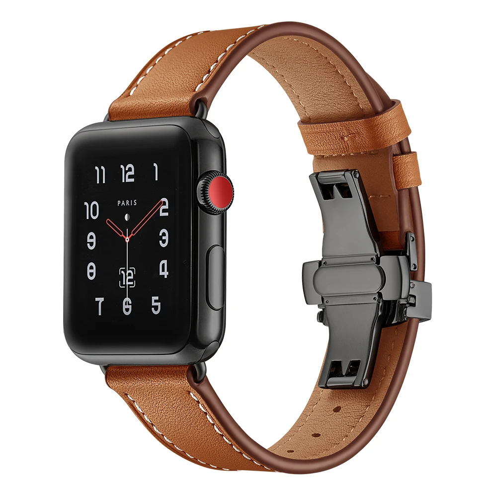 Ремешок кожаный для Apple Watch 6 Band Series SE/5/4/3/2 браслет с пряжкой бабочкой трех цветов