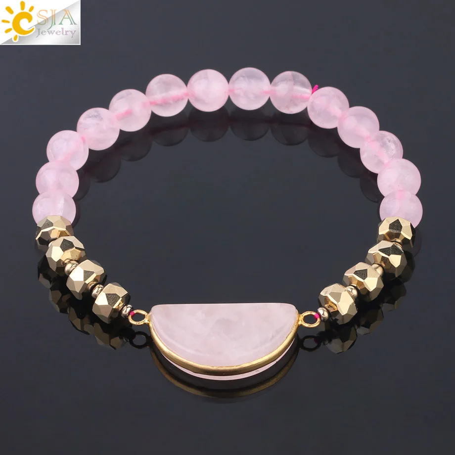 Rose Quartz-HalfMoon CSJA натуральный каменный розовый кварц браслет полумесяц Лабрадорит зеленый авантюрин содалит 8 мм эластичные браслеты для женщин мужчин F601 - Окраска металла: Rose Quartz-HalfMoon