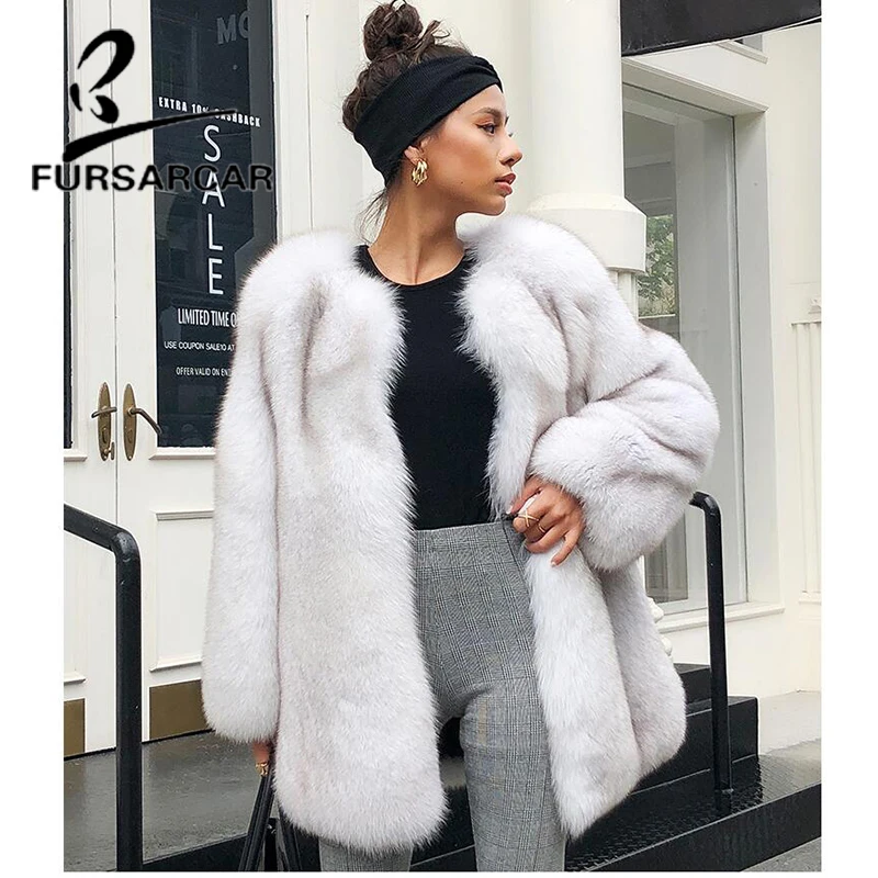 FURSARCAR 70 CM Length Real Fur Coat Women Fashion Style Luxury Whole Pelt Fox Fur Coat Natural Fox Fur Winter Warm Outerwear