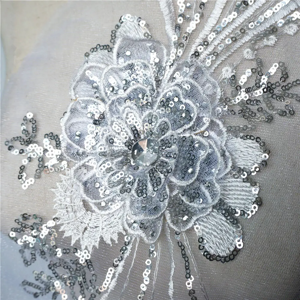 Белый серебристый расшитый блестками 3D цветок кисточка стразы аппликация