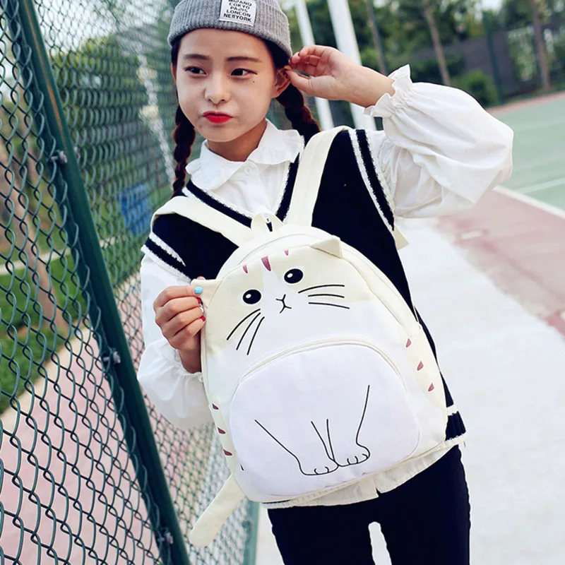 Lovely Cat Printing Backpack Women Canvas School For Teenagers Ladies Casual Cute Rucksack Bookbags(Creamy-White) | Багаж и сумки