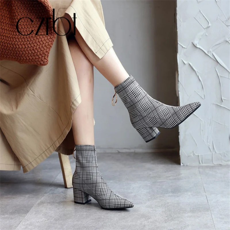 CZRBT 2018 Fall New Boots Women's Coarse Small Pointed Elastic Plaid Lady women | Обувь