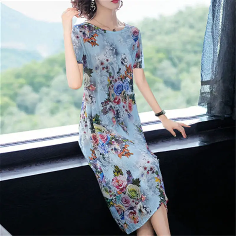 

2019 Imitation Silk Dress Female Spring Summer New Elegant 3/4 Sleeve Loose Large Size Print Dress For Women