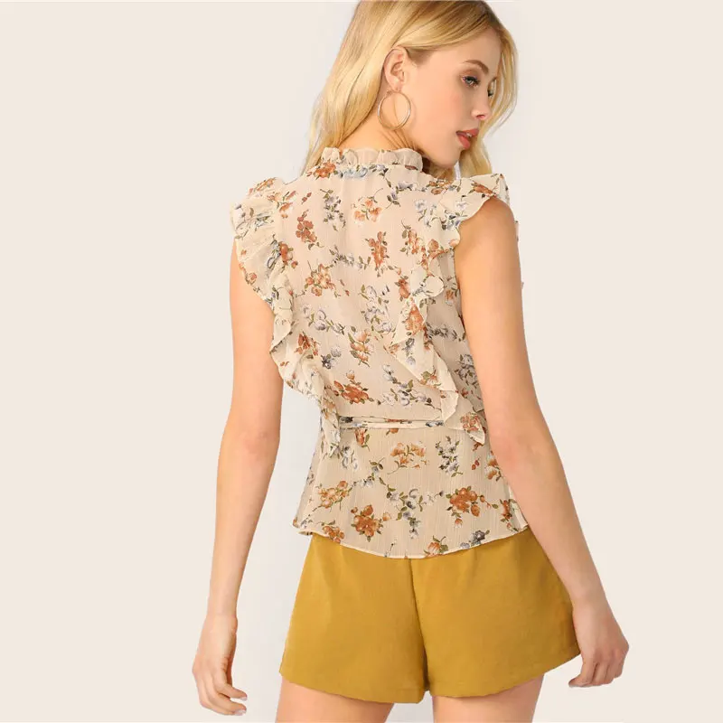 SHEIN Топ С Поясом И Оборкой Женские Летние Богемные Блузки V-Образным Вырезом Без Рукавов