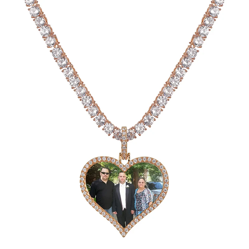 Rose Gold TOPGRILLZ на заказ фото сердце медальоны ожерелье и кулон с 4 мм теннисная цепь AAA кубический циркон мужские хип хоп ювелирные изделия - Окраска металла: Rose Gold
