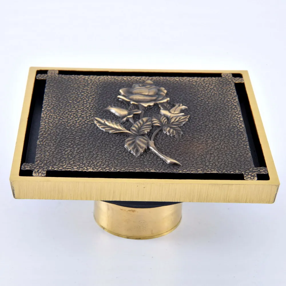 

Antique Brass Vintage Carved Flower Pattern Bathroom Shower Drain 4" Square Floor Drain Waste Grates Bathroom Accessory mhr083