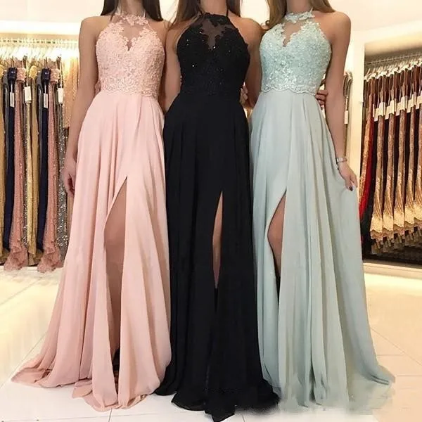 

2019 Chiffon Long Bridesmaid Dresses A-line Jewel Neck Halter Lace Applique Floor Length Draped Side Split Formal Evevning Gown