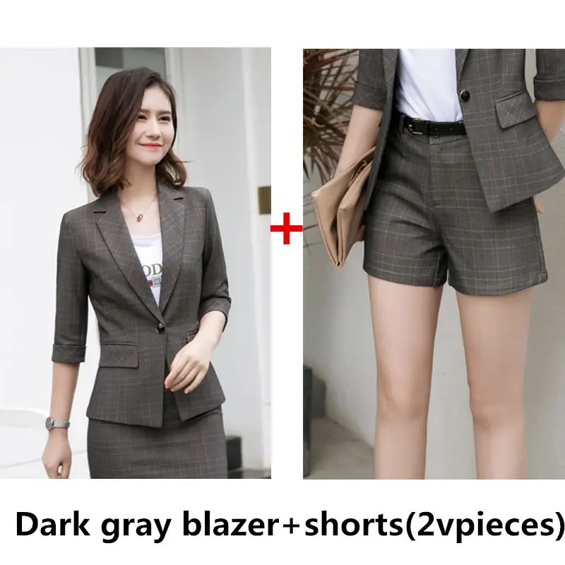 Darkgray coat shorts Dushicolorful весна лето женские костюмы комплект из двух предметов клетчатый Блейзер шорты размера плюс Формальные Деловые женские офисные брюки костюм набор - Цвет: Darkgray coat shorts