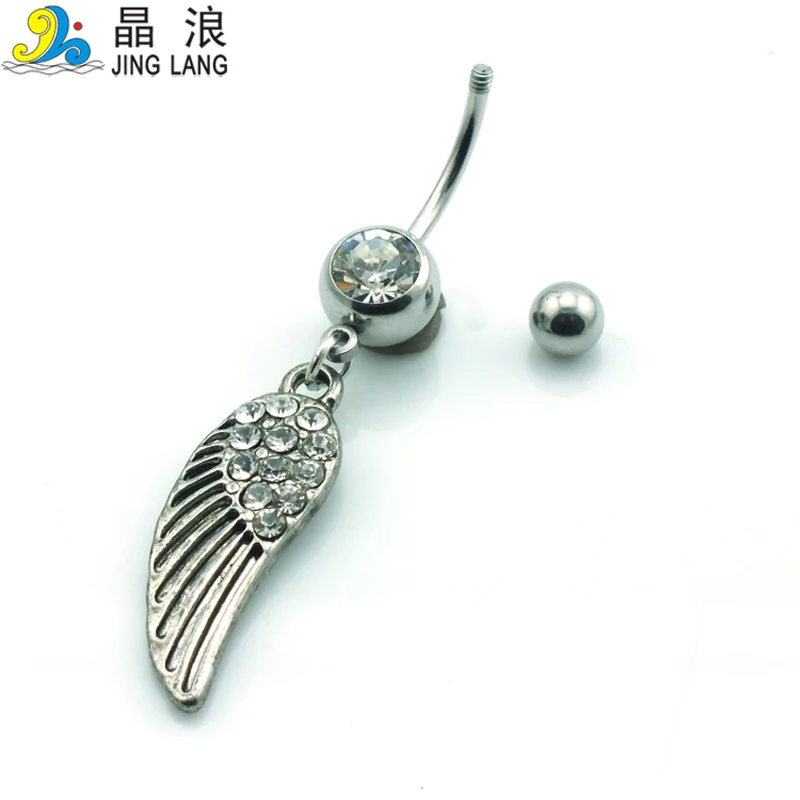 Кольца для пупка JINGLANG из нержавеющей стали 316L с подвеской из страз и перышком, гипоаллергенные ювелирные изделия.
