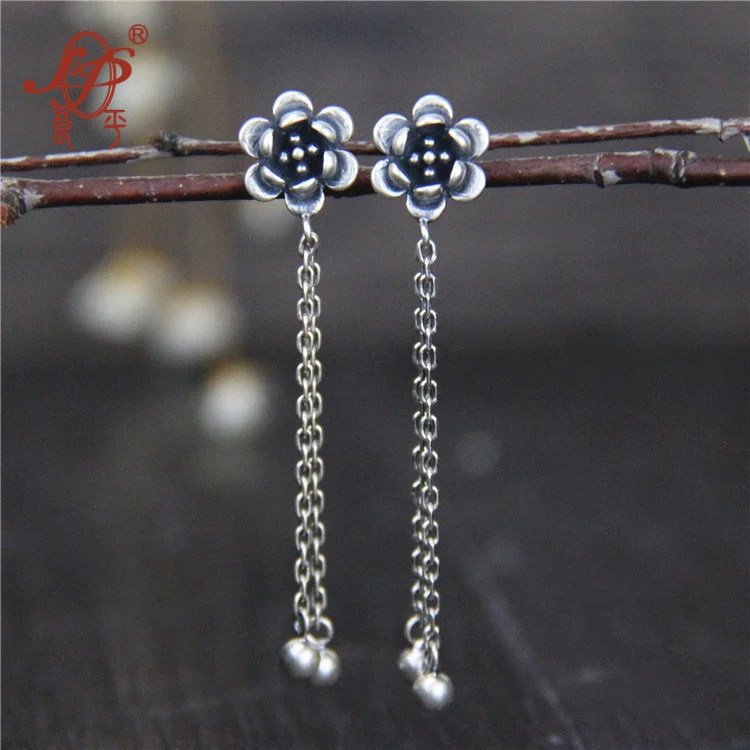 

Silver Earrings Vintage Flower Tassel 925 Sterling Silver Drop Earrings for Women Jewelry Wholesale Gift Hot Sell