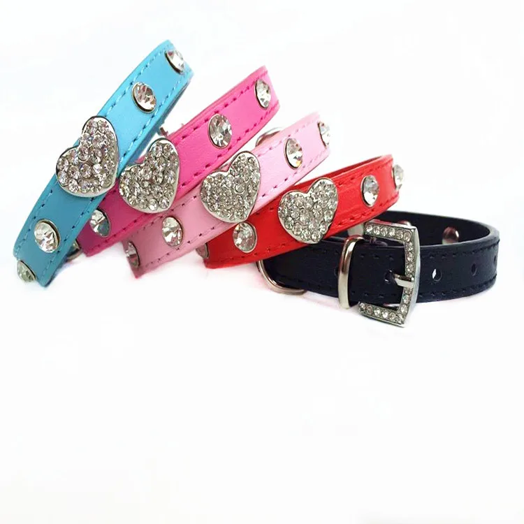 Bling rhinestone dog collar cute heart pet cat luxury diamond pu leather chihuahua small necklace pendant | Дом и сад