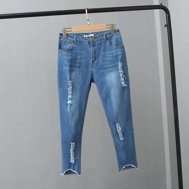 light blue style 1 Женские джинсы размера плюс 5XL с высокой талией, женские летние Стрейчевые рваные джинсы с дырками, винтажные джинсовые штаны, джинсы-карандаш, Feminino C4303 - Цвет: light blue style 1
