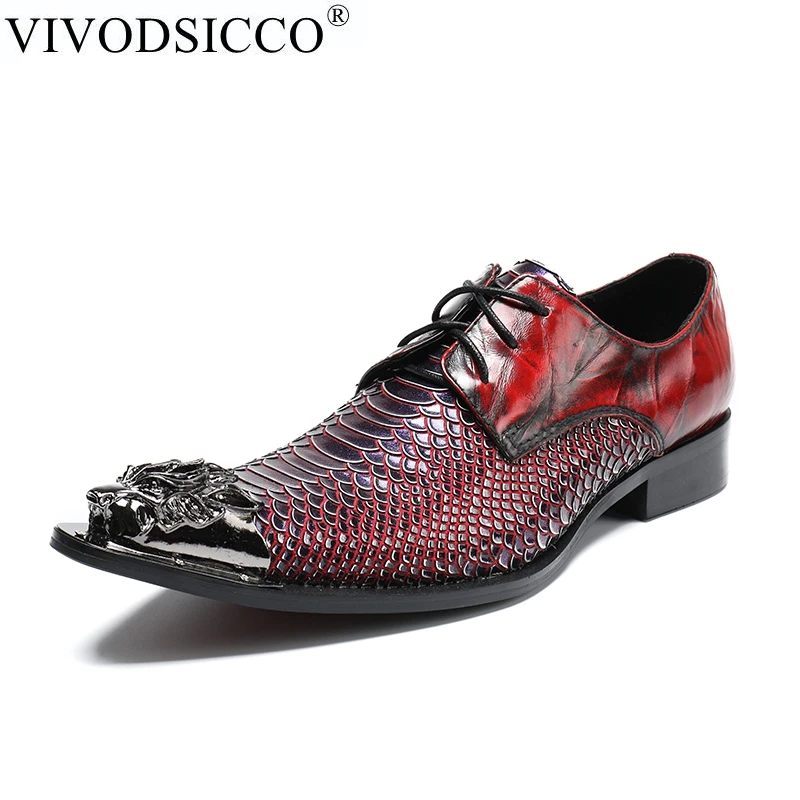 

VIVODSICCO Italian Fashion Men Dress Shoes Fish Scales Metal toes Pointed Toe Office Wedding Shoes Business Oxford Shoes For Men