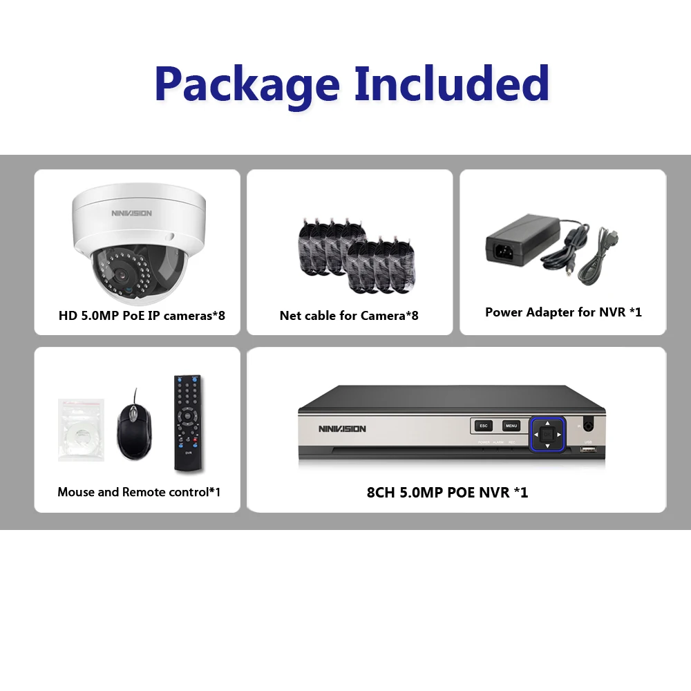 H.265 система видеонаблюдения POE NVR Kit 8CH 5.0MP Водонепроницаемая IP камера купольная