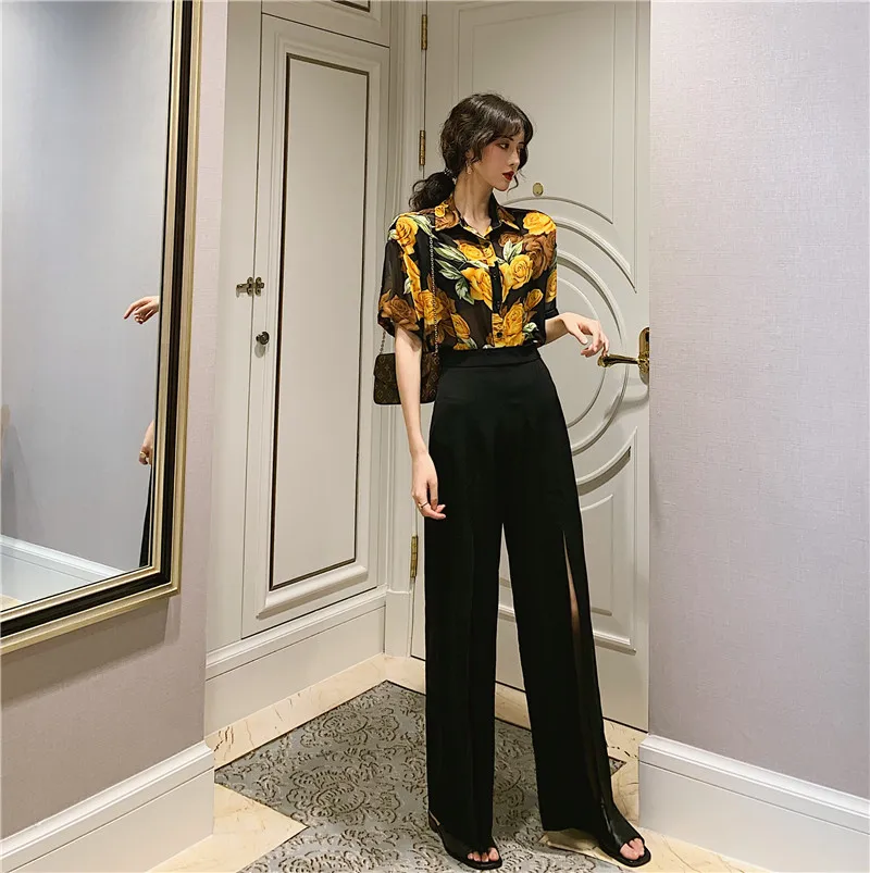 LISM 2019 Elegant Two Piece Set Top And Pants Transparent Floral Chiffon Blouse Femme+Slit Sexy Long Wide Leg Pant Club Outfit | Женская