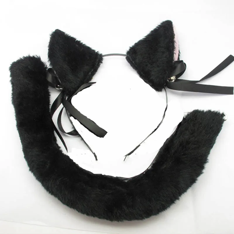 black Костюм с кошачьими лисьими ушками и хвостом; черно-белая повязка на голову с кошачьими ушками; повязка на голову; обруч для волос; аксессуары для костюмированной вечеринки; Плюшевые вечерние игрушки - Цвет: black