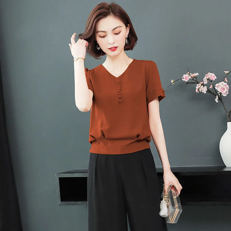 Летние свободные шифоновые рубашки с коротким рукавом и треугольным вырезом