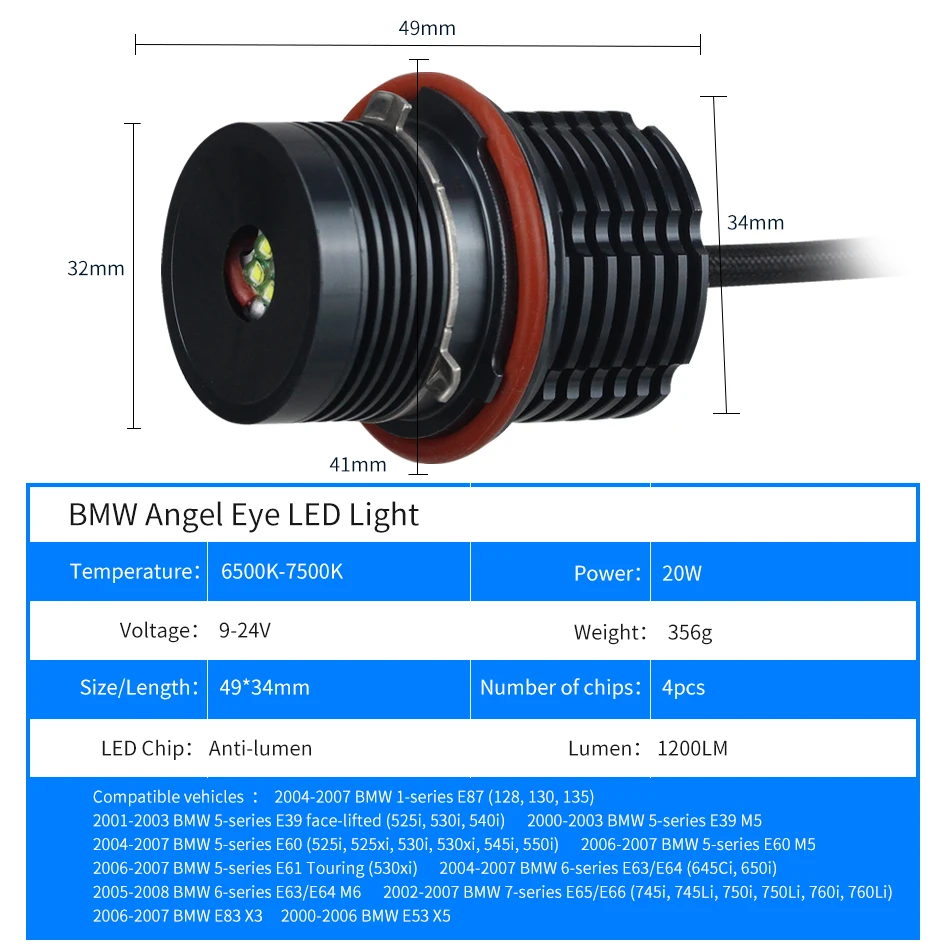 2 шт. 20 Вт 4 CREE светодиодные чипы/Bridgelux ангельские глазки белый для BMW E65 E87E39 E53 E63 E64 E60
