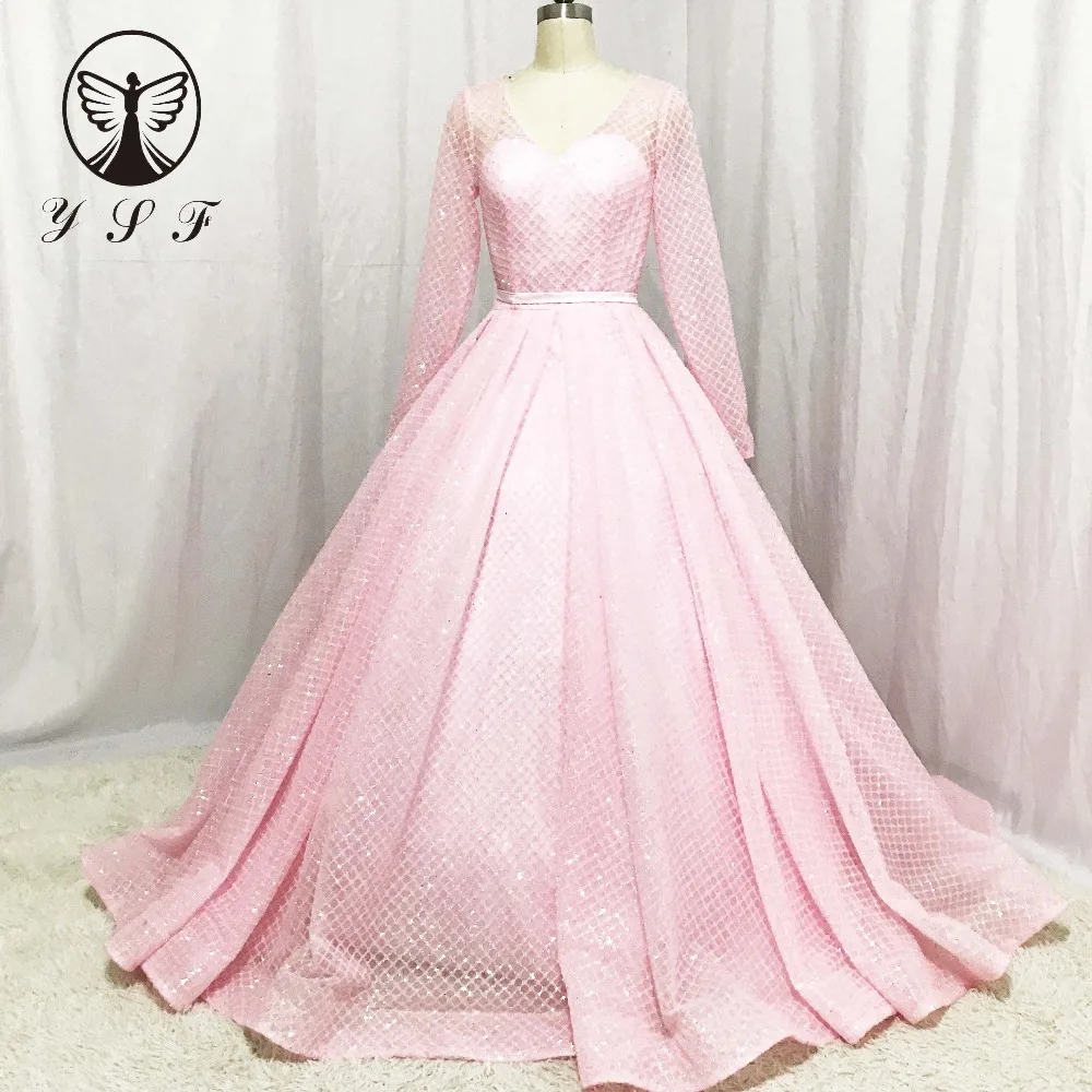 

2018 Dress Elegant Pink V Neck Long Sleeve Glitter Fabric Pleated A Line Sweep Train Prom Dresses Long