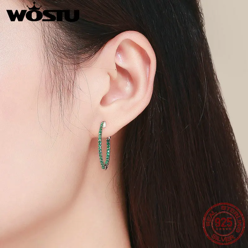 WOSTU, хит, модные, настоящее 925 пробы, серебряные, Круглые, зеленые серьги для женщин, модные серьги обруча для женщин, серебряные ювелирные изделия FIE511