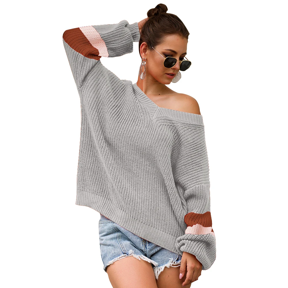 Adogirl Vintage Striped Patchwork V Neck Women Sweaters Pullovers Loose Knitted Autumn Winter Female Clothing Casual | Женская одежда
